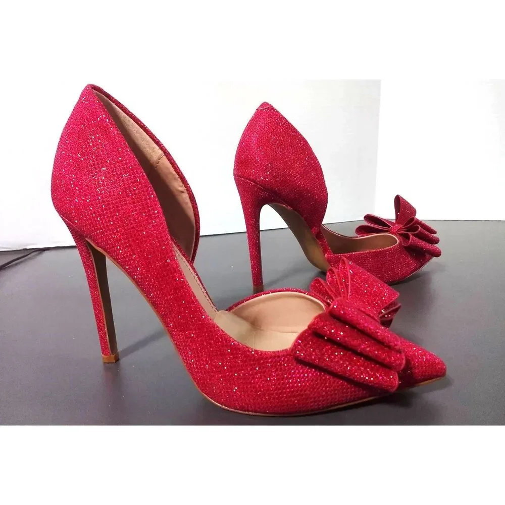 EUC Betsey Johnson Prince D'Orsay Pumps Pink All Over Glitter Bow Heels Size 7 - Picture 2 of 6